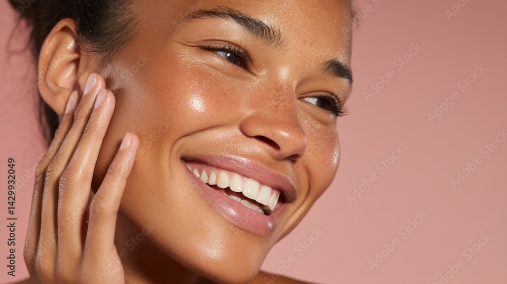 Fototapeta premium Radiant young woman with glowing skin and golden accents, embodying natural beauty and serenity