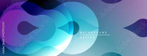 Abstract fluid shapes overlap, creating vibrant blue, purple gradients. Modern design evokes movement, depth, visual interest.