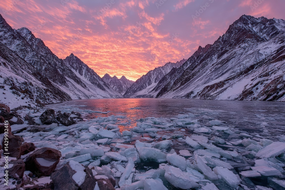 Obraz premium Breathtaking icy landscape with mountains and vibrant sunset colors.