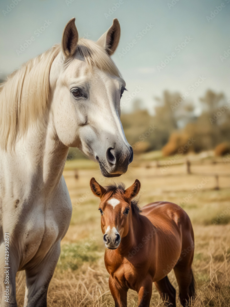 Obraz premium A vintage-style illustration of a white horse standing beside its brown foal.