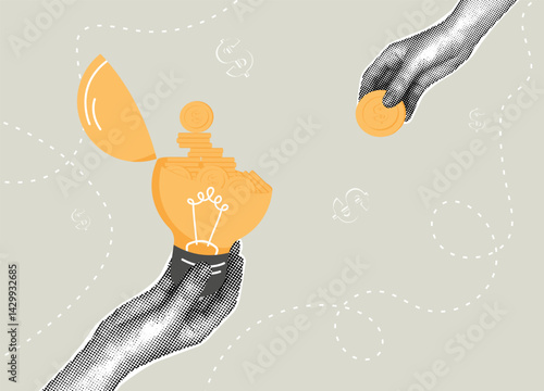 Trendy halftone collage. Investing in innovative ideas and financial growth. Concept of financial knowledge, savings,investing in idea.