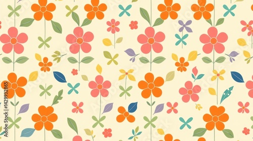 Pastel floral pattern with various flower shapes and colors on a cream background