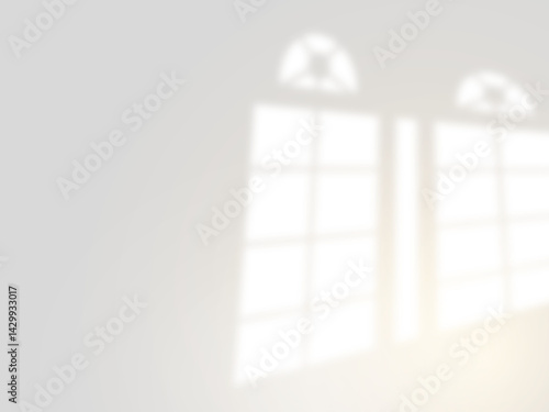 Elegant arched window shadow overlay with soft sunlight for adding natural light and realism to photo mockups or design backgrounds.
