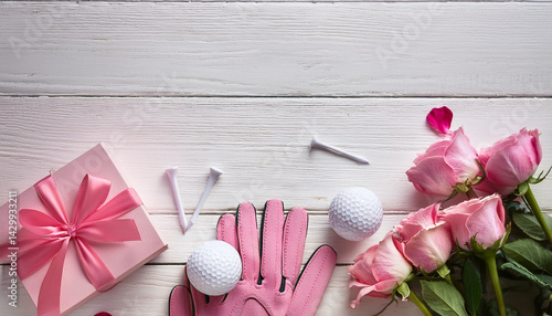 A feminine golf themed background composition with a pink gift and beautiful roses on a white wooden backdrop, golf ball, tees, and accessories on a top view with space for copy