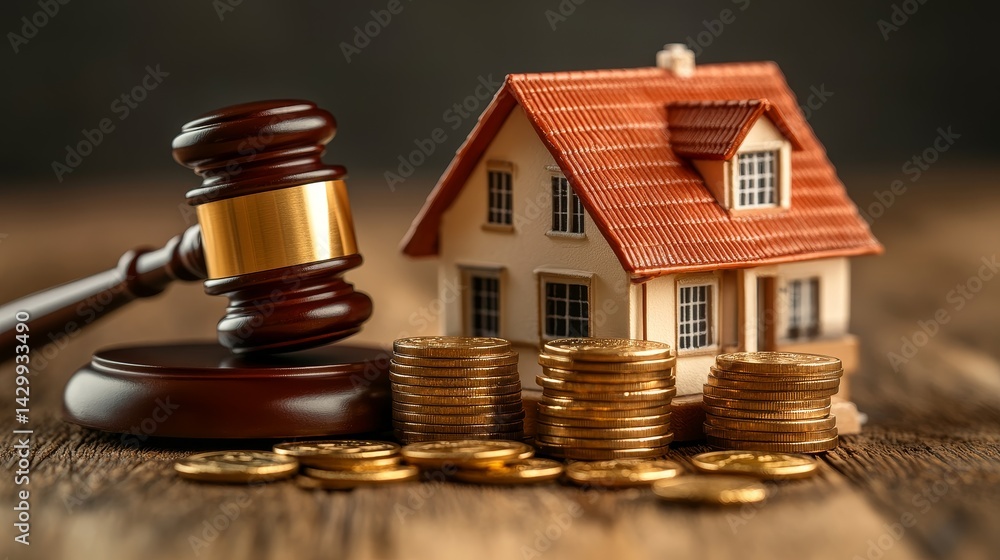 A gavel next to a house and coins, symbolizing real estate and legal transactions. A gavel next to a house and coins, symbolizing real estate and legal transactions.