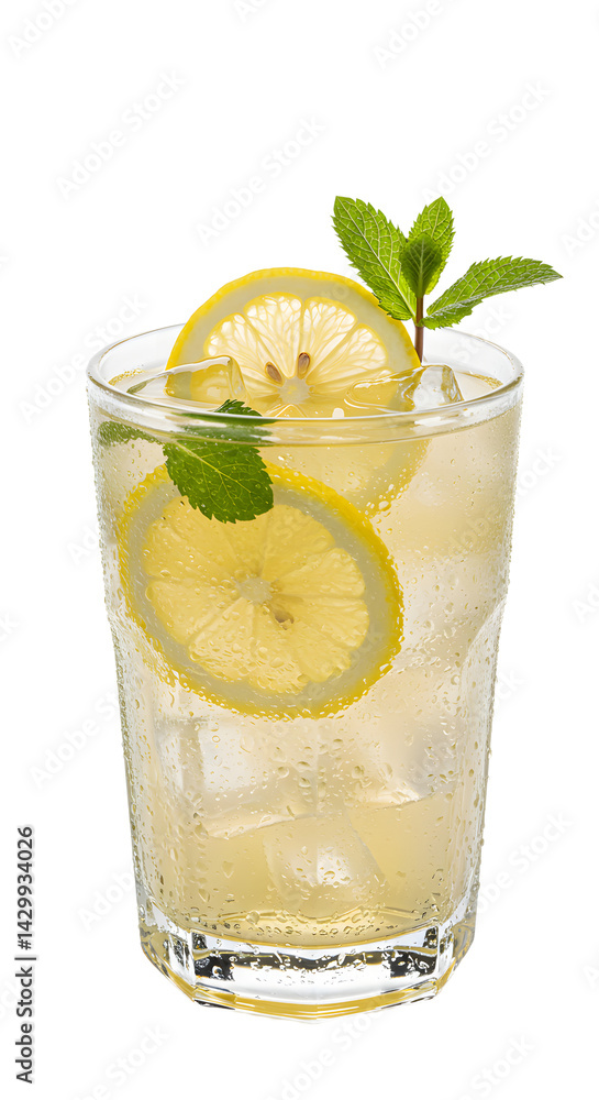 Refreshing lemonade cocktail with lemon slices and mint leaves in a glass, set against a clean white background Refreshing lemonade cocktail with lemon slices and mint leaves in a glass, set against a clean white background