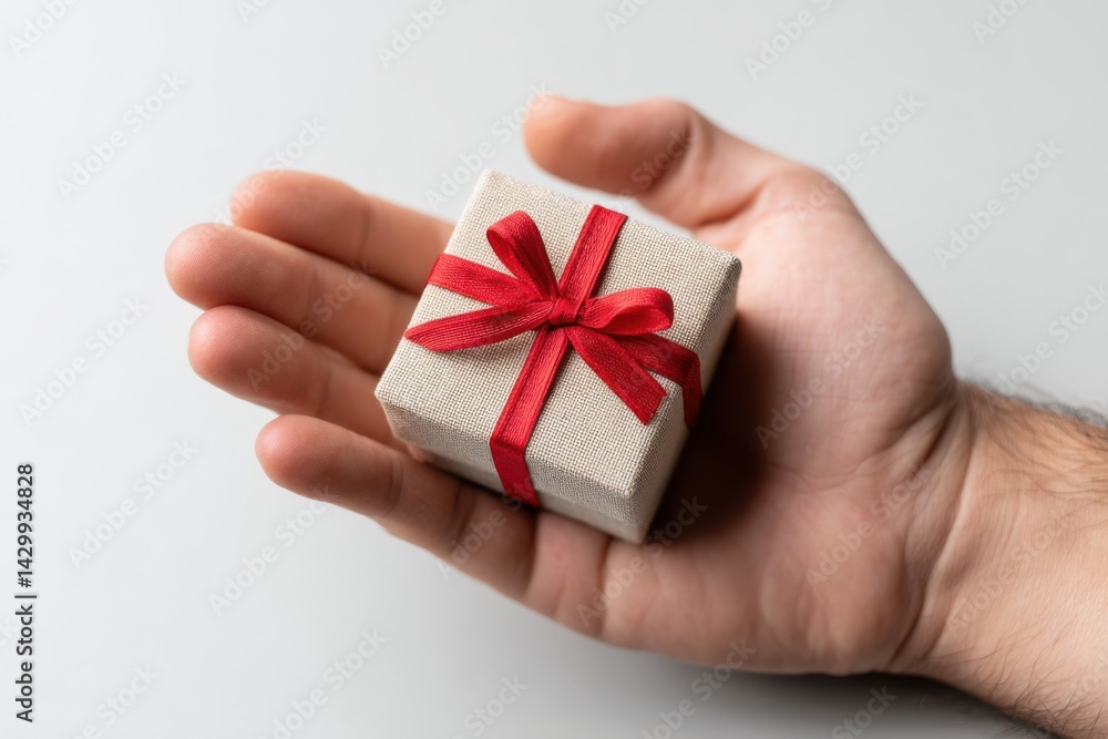 Gift box with red ribbon in a man's hand, offering a present, promotional image for holidays and celebrations, for use in advertising campaigns, posters, banners and social media Gift box with red ribbon in a man's hand, offering a present, promotional image for holidays and celebrations, for use in advertising campaigns, posters, banners and social media