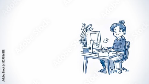 Girl typing on computer on right side of screen