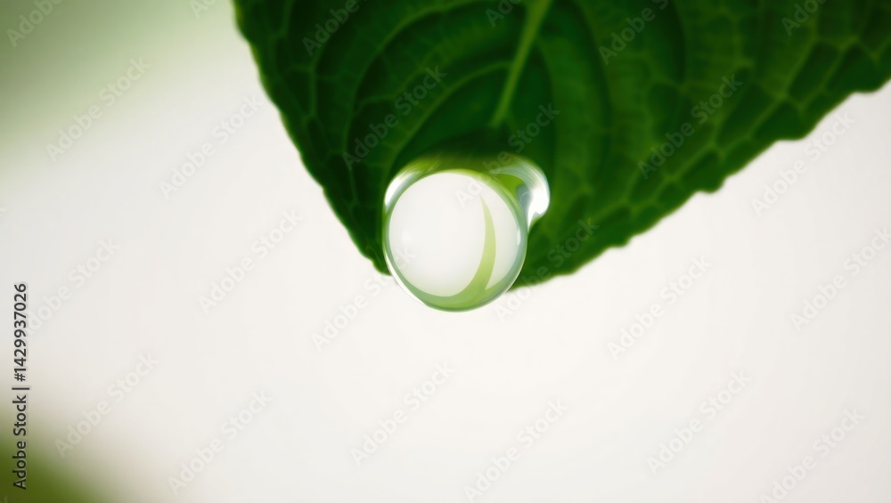 A dewdrop clings to a vibrant green leaf, reflecting light against a soft, blurred background A dewdrop clings to a vibrant green leaf, reflecting light against a soft, blurred background