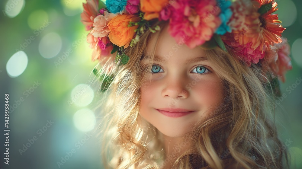 A child's radiant smile adorned with a flower crown, celebrating the pure joy of International Children's Day. A child's radiant smile adorned with a flower crown, celebrating the pure joy of International Children's Day.