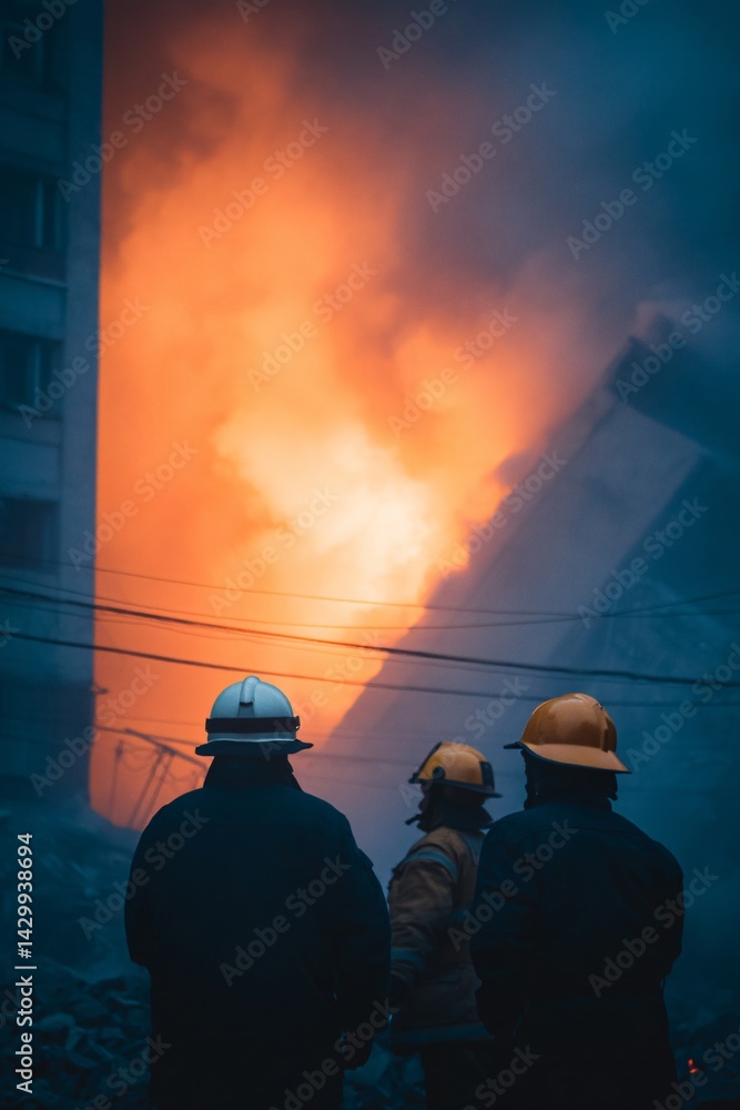 Fire Erupts in Earthquake-Damaged Building Rescue Efforts Underway Urban Disaster Scene Night Emergency Response