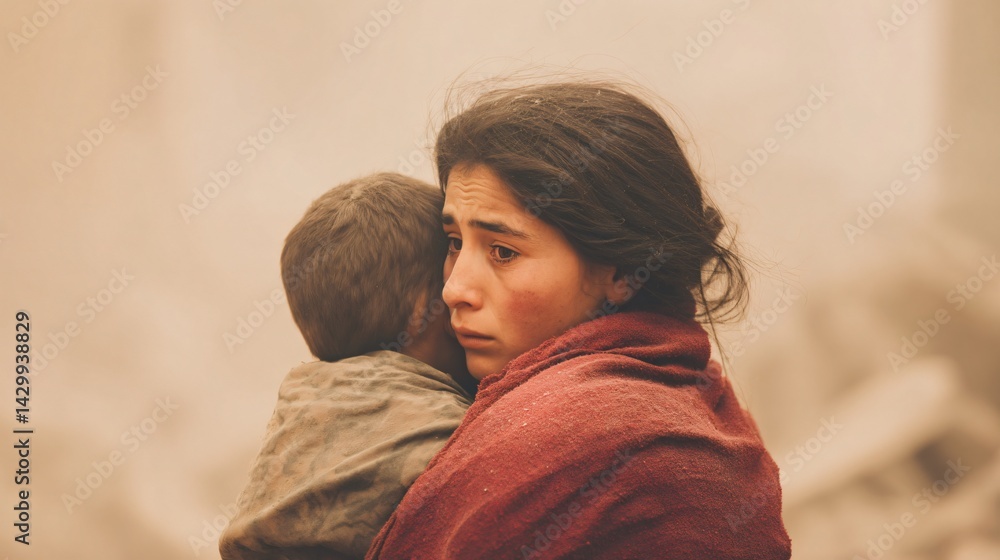 Heartbreaking Scene of Mother Holding Child After Earthquake Devastated City Emotional Photo Dusty Environment