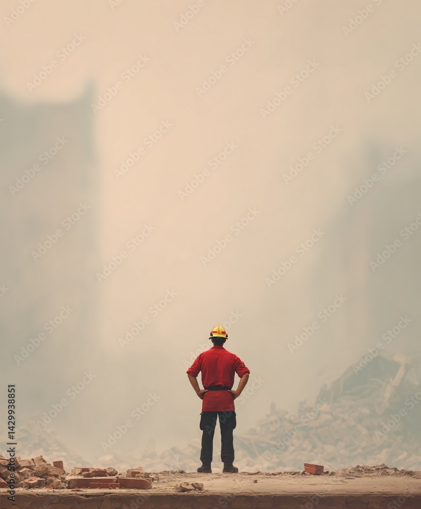 Lone Firefighter Surveying Earthquake Devastation in Collapsed City Landscape Smoke-Filled Environment Heroic Perspective