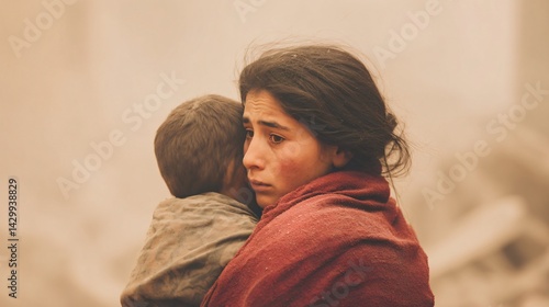 Obraz na płótnie Heartbreaking Scene of Mother Holding Child After Earthquake Devastated City Emotional Photo Dusty Environment w salonie