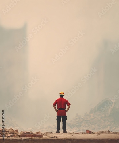Obraz na płótnie Lone Firefighter Surveying Earthquake Devastation in Collapsed City Landscape Smoke-Filled Environment Heroic Perspective w salonie