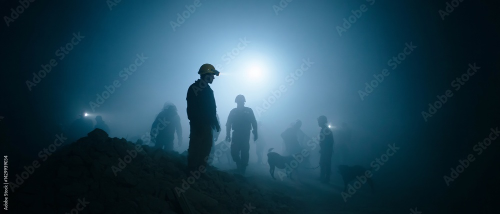 Emergency Workers Conduct Nighttime Rescue Operation After Earthquake in Urban Area Dramatic Scene High Tension