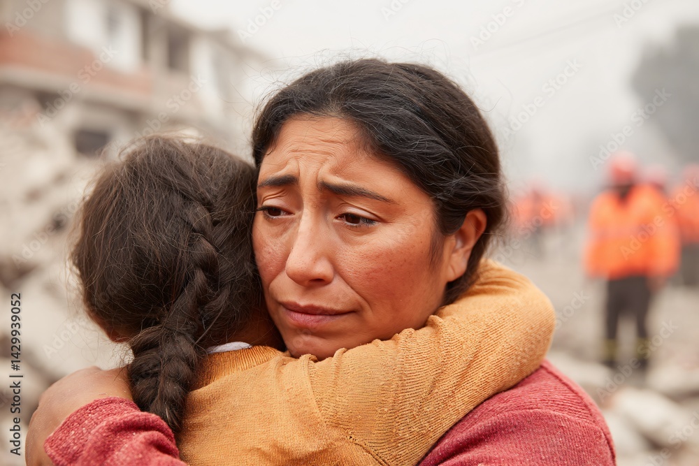 Mother and Child Reunite After Earthquake Devastation in Urban Setting Emotional Moment Captured in Disaster Zone