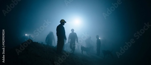Obraz na płótnie Emergency Workers Conduct Nighttime Rescue Operation After Earthquake in Urban Area Dramatic Scene High Tension w salonie