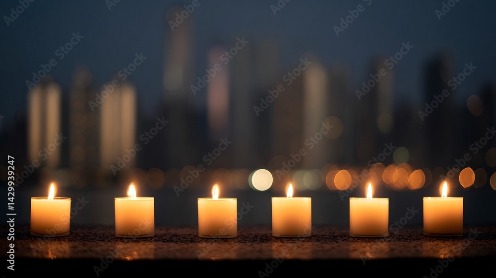 Candles Lit at Night Commemorate Earthquake Victims City Skyline Emotional Tribute Somber Atmosphere