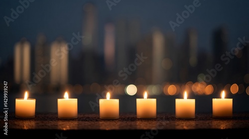 Obraz na płótnie Candles Lit at Night Commemorate Earthquake Victims City Skyline Emotional Tribute Somber Atmosphere w salonie