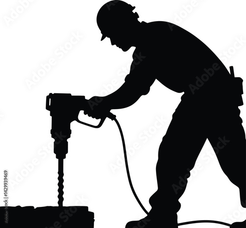 Silhouette of a man with a drill,Silhouette of a construction worker operating a jackhammer, 
