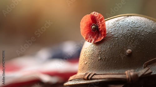 A red poppy on a soldier's helmet, symbolizing remembrance and sacrifice on Memorial Day.