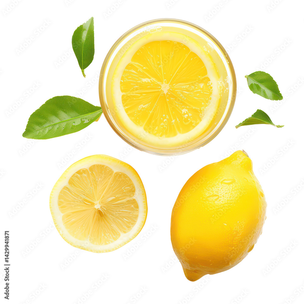 Summer lemon juice top view full length isolate on transparent background