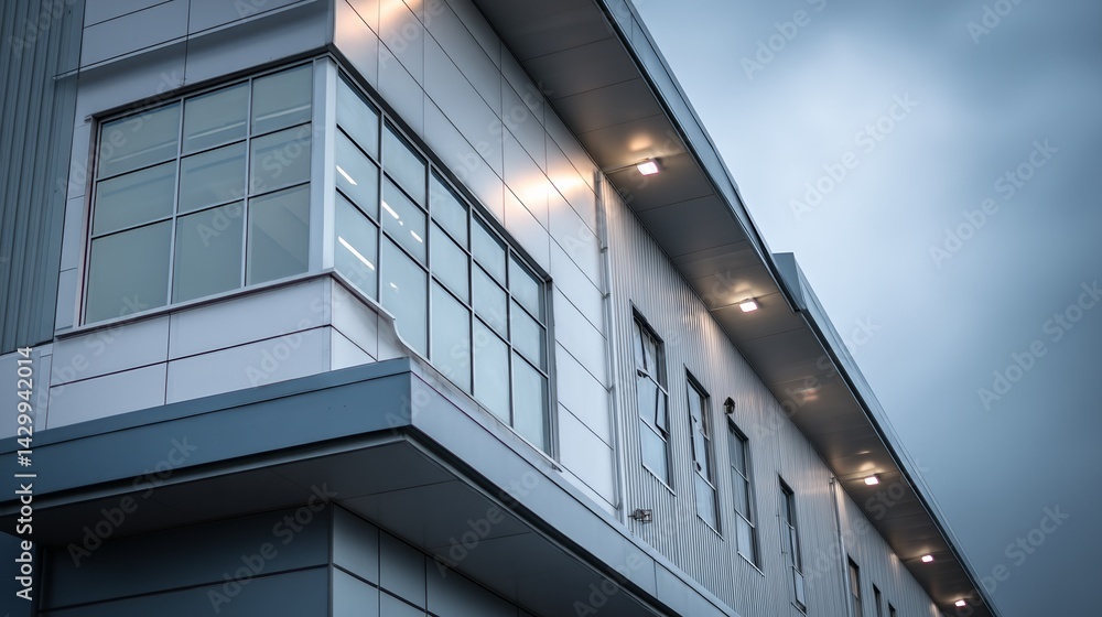 Obraz premium Modern industrial facility with clean lines and soft lighting, showcasing efficiency and contemporary design.