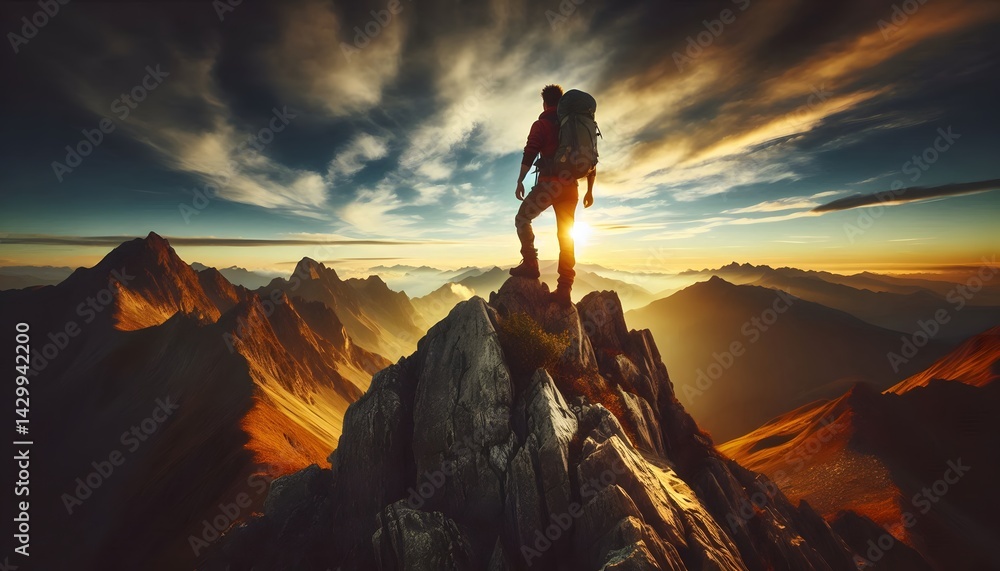 Fototapeta premium Adventurous Hiker Reaching Mountain Summit at Sunrise with Scenic Valley View