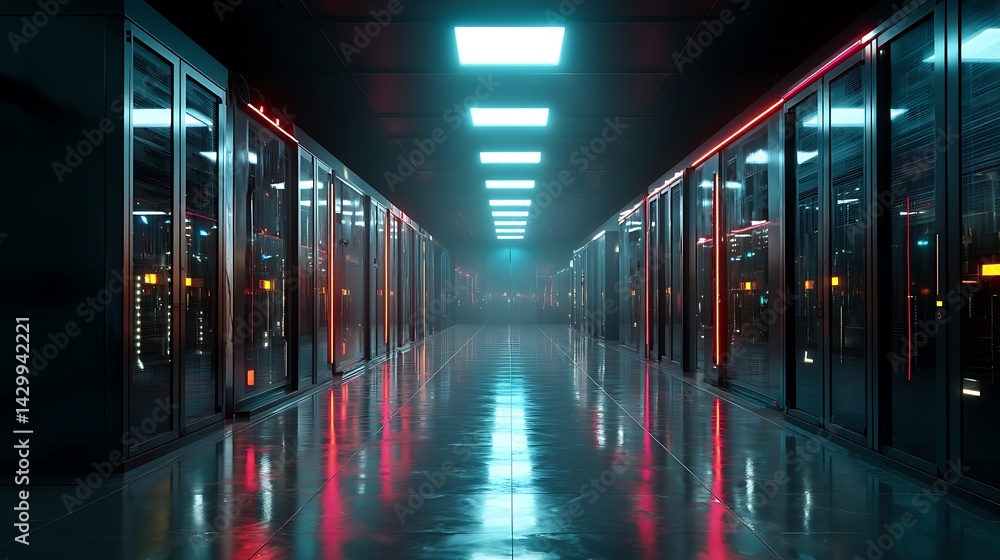Futuristic server room with glowing lights and advanced data racks Futuristic server room with glowing lights and advanced data racks