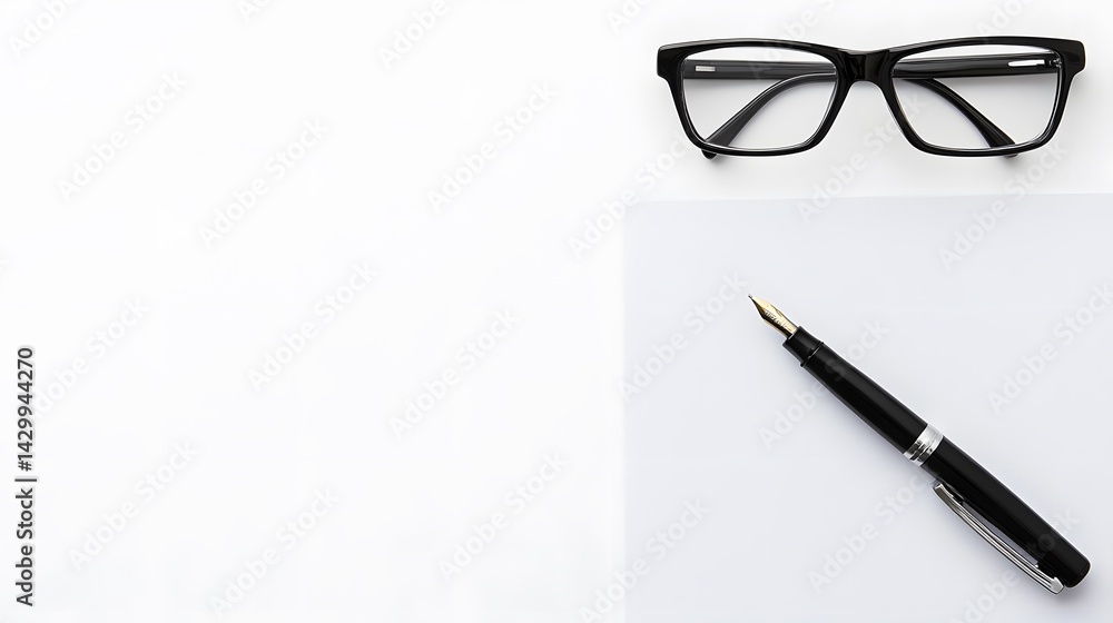 Fototapeta premium Elegant Flatlay White Background Black Fountain Pen Glasses Minimalist