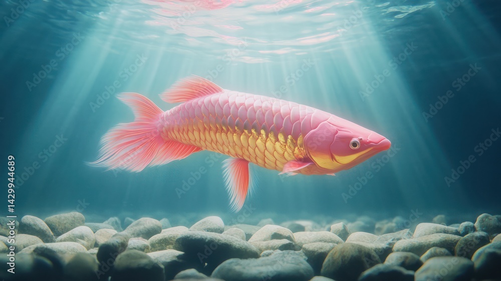 Naklejka premium Pink fish swims gracefully underwater with light rays and pebbles. Use Aquariums