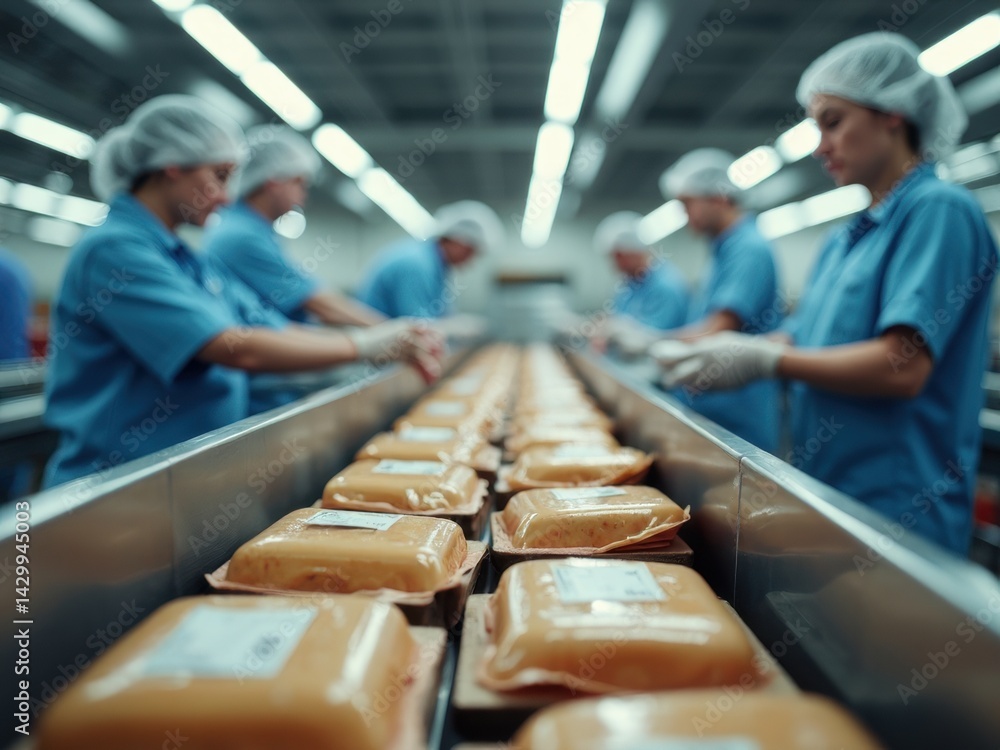Workers in hairnets oversee packaged goods on stainless steel conveyor belts in a food processing plant, ensuring product quality and safety standards.