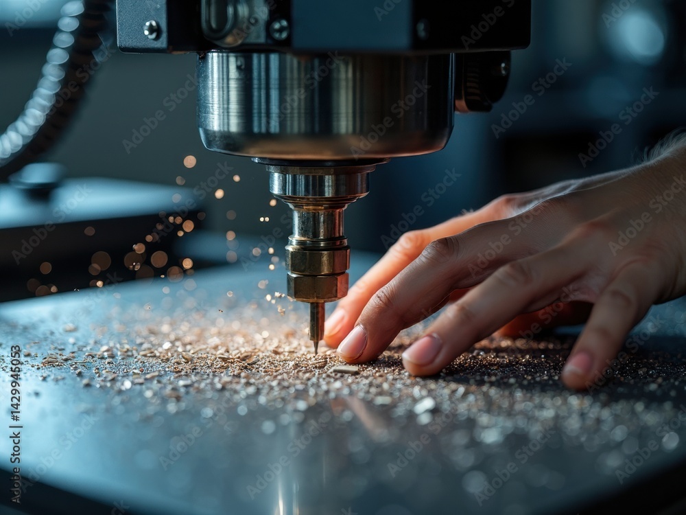 Close-up view of a worker's hands skillfully operating a CNC machine, creating intricate designs while metal shavings scatter.