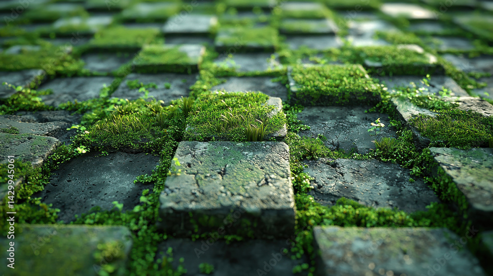 Moss covered stone tiles in natural urban setting Moss covered stone tiles in natural urban setting