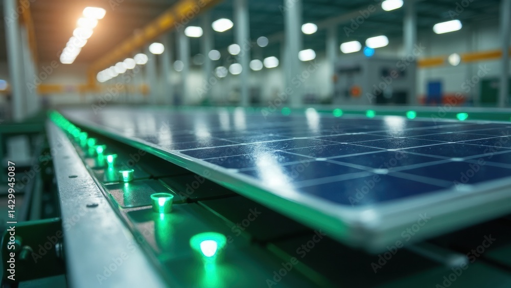 Conveyor belt assembles solar panels in a clean energy factory, highlighting advanced technology with green lighting that symbolizes sustainability and innovation.