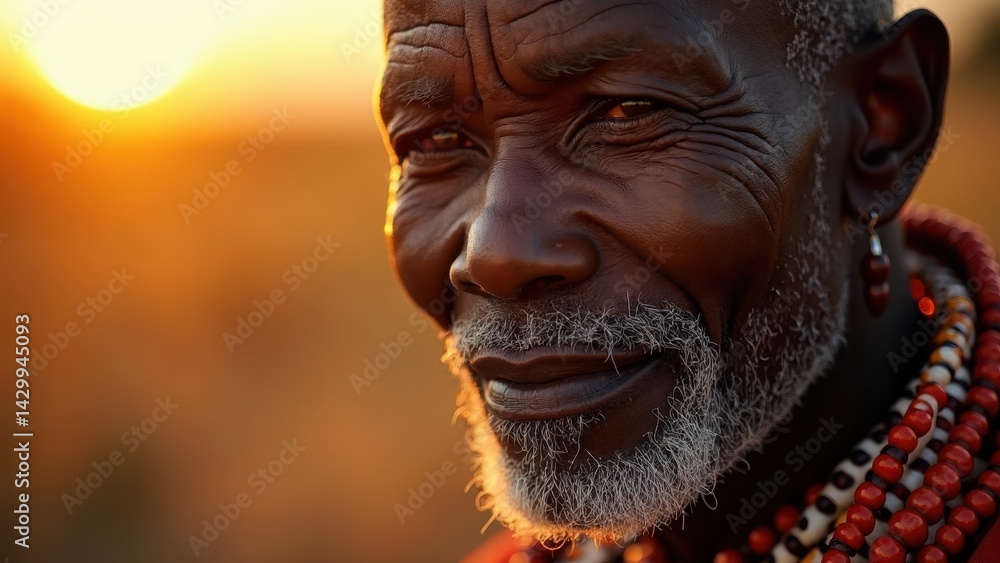 A Maasai warrior stands proudly, adorned with traditional beadwork, as the golden savanna sun sets behind him, creating a warm, tranquil atmosphere.