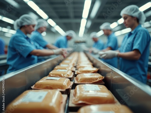 Obraz na płótnie Workers in hairnets oversee packaged goods on stainless steel conveyor belts in a food processing plant, ensuring product quality and safety standards. w salonie