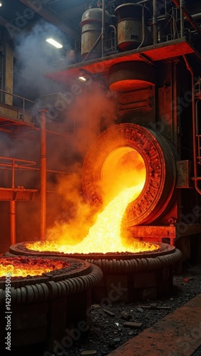 Obraz na płótnie Steel mill interior features glowing molten metal pouring into molds, surrounded by steam and intense heat. The environment illustrates a dynamic industrial process. w salonie