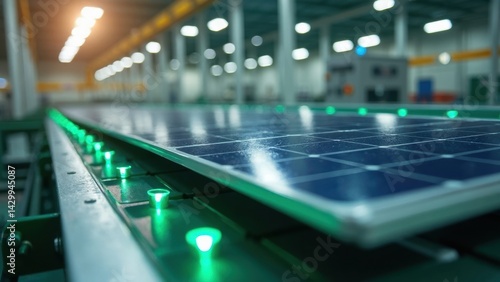 Obraz na płótnie Conveyor belt assembles solar panels in a clean energy factory, highlighting advanced technology with green lighting that symbolizes sustainability and innovation. w salonie