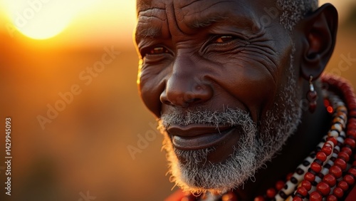 Obraz na płótnie A Maasai warrior stands proudly, adorned with traditional beadwork, as the golden savanna sun sets behind him, creating a warm, tranquil atmosphere. w salonie