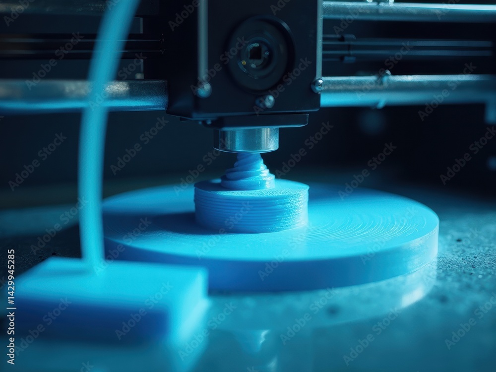 A 3D printer actively builds detailed components from molten plastic, surrounded by soft blue lighting that enhances the technological atmosphere in the space.