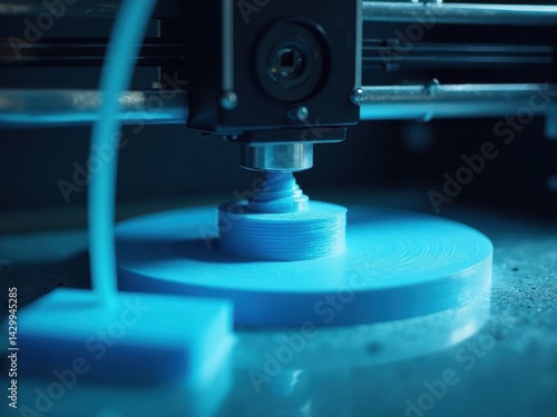 Obraz na płótnie A 3D printer actively builds detailed components from molten plastic, surrounded by soft blue lighting that enhances the technological atmosphere in the space. w salonie