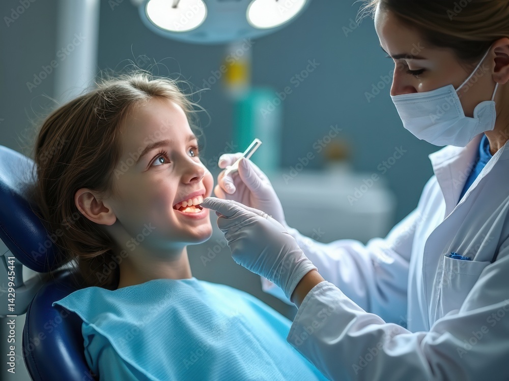 A dentist carefully examines a cheerful young girl in a bright, sterile environment. Modern dental tools shine as they ensure a comfortable experience for the patient.