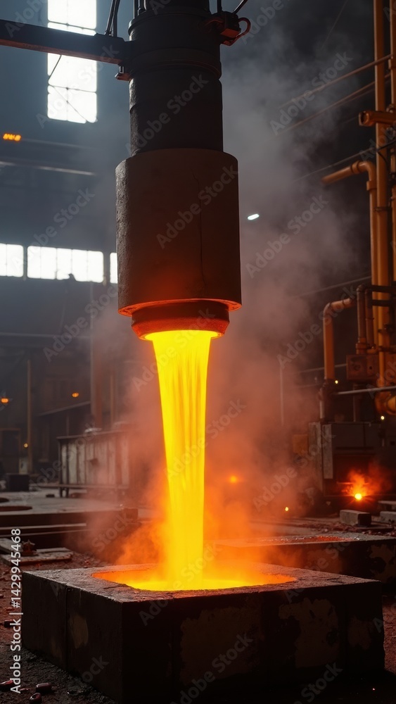 Glowing molten metal is being poured into molds inside a steel mill, with steam and heat visible, creating a dynamic and industrial atmosphere.