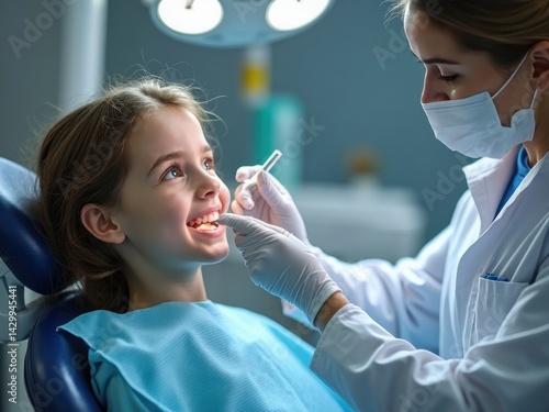 Obraz na płótnie A dentist carefully examines a cheerful young girl in a bright, sterile environment. Modern dental tools shine as they ensure a comfortable experience for the patient. w salonie