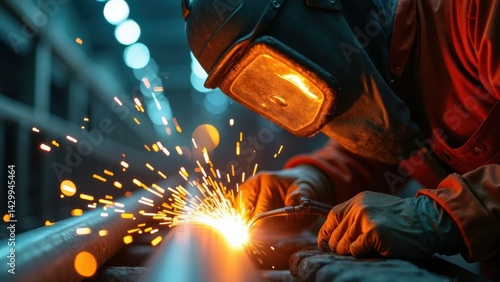 Close-up of a worker focused on welding a pipeline in an oil refinery, sparks illuminating the dark surroundings, showcasing industrial craftsmanship and safety.