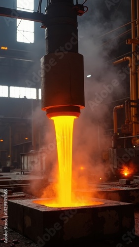 Obraz na płótnie Glowing molten metal is being poured into molds inside a steel mill, with steam and heat visible, creating a dynamic and industrial atmosphere. w salonie