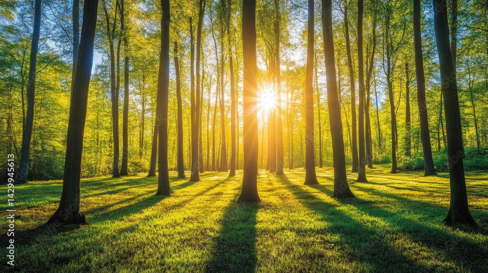 Fototapeta premium Sunlight streams through a vibrant forest canopy.