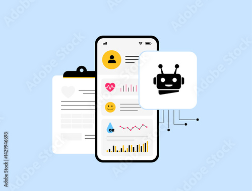 AI-driven diagnostics with smartwatches and health trackers. Algorithms analyze health data for early detection and smartwatch medical insights in modern healthcare. Ai diagnostics vector illustration